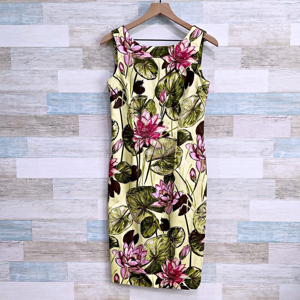 Talbots Vintage Floral Sheath Dress Green Pink Stretch Cotton USA Womens 4